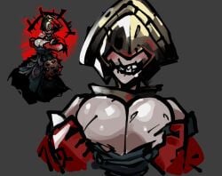 1girls accurate_art_style blush darkest_dungeon duchess_(darkest_dungeon) female_focus female_only huge_breasts imminent_exposure light-skinned_female looking_at_viewer monster_girl ripped_clothing ripping_clothing