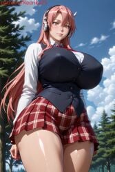 ai_generated akame_ga_kill! big_ass big_breasts chelsea_(akame_ga_kill!) cloud clouds erect_nipples forest headphones huge_breasts neck_ribbon pink_eyes pink_hair ribbon school_uniform skirt sky tree trees uniform