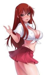 alternate_breast_size breasts brown_eyes brown_hair cleavage cute_fang d.va earrings facial_mark female front-tie_top hevn index_finger_raised long_hair looking_at_viewer looking_back midriff miniskirt navel no_bra open_mouth overwatch pointing simple_background skirt smile solo white_background