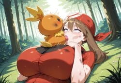 after_fight ahegao ai_generated blowjob blue_eyes brown_hair defeated dirt dirty fellatio huge_breasts interspecies male_pokemon/female_human may_(pokemon) on_back on_ground oral oral_sex outdoor_sex outdoors pokemon pokephilia rape red_bandana red_shirt size_difference torchic