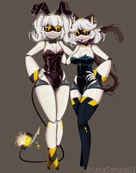 2girls bare_shoulders bell bell_collar bow bowtie bunny_ears bunnysuit cat_ears cat_tail collar female female_only hairband hand_on_hip j_(murder_drones) long_hair murder_drones robot robot_girl robot_humanoid screen_face short_hair tail tongue_out twintails unasandia01 v_(murder_drones) white_body yellow_eyes