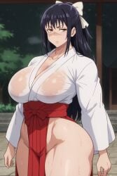 1girls ai_generated bangs black_hair blush bow breasts brown_eyes cleavage closed_mouth collarbone curvy hairbow hakama hakama_skirt huge_breasts japanese_clothes jujutsu_kaisen large_breasts long_hair long_sleeves looking_at_viewer miko no_panties ponytail red_hakama scar scar_on_face see-through skirt solo sweat thick_thighs thighs unjobdespiert utahime_iori wet wet_clothes wide_hips wide_sleeves