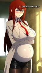 ai_generated alternate_breast_size arms_under_breasts black_pantyhose black_shorts blue_eyes blush breast_pocket breasts brown_hair brown_pantyhose cleavage closed_mouth coat collared_shirt cowboy_shot crossed_arms dress_shirt embarrassed female frown hair_between_eyes huge_breasts indoors lab_coat large_breasts long_hair long_sleeves makise_kurisu meitabuu necktie pantyhose pantyhose_under_shorts pocket pregnant purple_eyes red_hair red_necktie shirt short_shorts shorts sidelocks solo standing steins;gate steins;gate_0 straight_hair sunlight v-shaped_eyebrows white_coat white_shirt window wing_collar