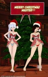 2girls 3d blue_panties christmas_lingerie christmas_outfit english_text latinkaixa lingerie panties red_panties ruby_rose rwby speech_bubble weiss_schnee