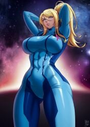 beauty_mark beauty_mark_under_mouth blonde blonde_hair blue_eyes bodysuit commission female female_only fully_clothed human large_breasts long_hair metroid ponytail samus_aran valenvenge zero_suit zero_suit_samus