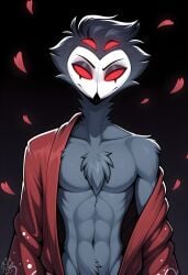 ai_generated anthro athletic_male avian beak blue_feathers demon dilf feathers helluva_boss male partially_clothed red_eyes robe simple_background standing stolas_(helluva_boss)