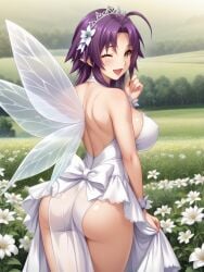 1girls ahoge ai_generated ass azuma_marina bare_shoulders big_ass big_breasts breasts cleavage fairy fairy_wings female field flower flower_in_hair hair_ornament huge_ass huge_breasts isogil kashidashi_tsuma_marina_no_"netorase"_houkoku_binkan_tsuma_to_zetsurin_daigakusei leotard looking_at_viewer nipples purple_hair sexy_pose shiny_skin short_dress short_hair thick_thighs thighs transparent_clothing wink winking winking_at_viewer