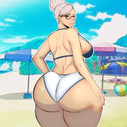 1girls ass ass_focus ayase_seiko beach big_ass big_breasts bikini breasts brown_eyes dandadan female female_focus female_only from_behind glasses grandmother grey_hair huge_ass long_hair luizinbk milf ponytail smoking solo solo_female solo_focus thick thick_ass thick_thighs