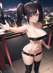 1girls ai_generated balcony bangs bare_shoulders belt beltbra black_hair black_legwear boots breasts building city_background city_lights cityscape collarbone female female_focus female_only from_above knee_boots looking_at_viewer navel night outstretched_arm outstretched_hand red_eyes shadyfox skyscraper smile solo solo_female solo_focus stable_diffusion teeth thigh_boots twintails