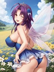 1girls ahoge ai_generated ass azuma_marina bare_shoulders big_ass big_breasts breasts cleavage fairy fairy_wings female field flower flower_in_hair hair_ornament huge_ass huge_breasts isogil kashidashi_tsuma_marina_no_"netorase"_houkoku_binkan_tsuma_to_zetsurin_daigakusei leotard looking_at_viewer nipples purple_hair sexy_pose shiny_skin short_dress short_hair thick_thighs thighs transparent_clothing wink winking winking_at_viewer