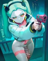 1futa ai_generated balcony blue_skin blue_skinned_futanari bottomless bottomless_futanari city city_background cityscape cyberpunk:_edgerunners dannyhandy dickgirl futa_only futanari green_hair green_pupils gun headband holding_gun jacket long_penis looking_at_viewer penis penis_vein rebecca_(edgerunners) red_eyes sole_futa thick_thighs thighs twintails twintails veiny_penis