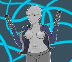 abs annoyed_expression bald black_eyes blue_jacket body_modification bouncing_breasts flashing_breasts genderswap_(mtf) gray_pants hands jacket_open joseph_atmaca no_bra no_mouth no_nose no_panties pants pierced_nipples shotgun shotgun_hands white_outline white_skin