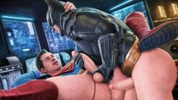 2boys anal anal_sex balls bara batman batman_(bruce_wayne) batman_(series) big_penis bruce_wayne cape clark_kent dc dc_comics domredsins facial_hair gay gay_sex hairless_balls hairy hairy_legs half_naked hand_on_shoulder hero heroes kal-el male male_only muscles muscular pantless penis penis_out pleasure_face superman superman_(clark_kent) superman_(series) uniform yaoi