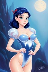 black_hair disney disney_princess full_moon green_eyes hands_on_hips latex latex_bodysuit moonlight pale_skin snow_white_(disney)