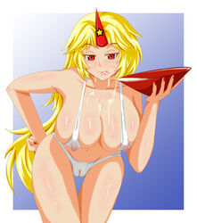 1girls bikini blonde_hair blush blushing cameltoe cum drunk female female_focus female_only horn horned_humanoid horns hoshiguma_yuugi large_breasts licking_lips long_hair looking_at_viewer oni oni_horns pointy_ears red_eyes see-through shackle simple_background single_horn solo thighs tongue_out touhou