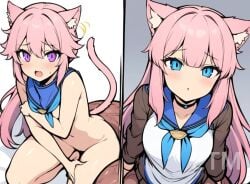 ai_generated blue_eyes blue_hair cat_ears cat_tail catgirl female himari_neko long_hair naked_female nervous nintendo pink_hair pretty_cure purple_eyes school_uniform short_hair super_smash_bros.