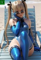 ai_generated blonde_female gloves kisuco looking_at_viewer looking_back marie_rose naked_female pale-skinned_female photoshoot small_breasts snowbunny solo_focus sunglasses swimwear