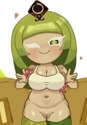 big_breasts bra chubby cookie cookie_run cookie_run_kingdom green_hair green_tea_mousse_cookie oiled pussy salchipapaasada shield smug white_background white_bra wide_hips wink