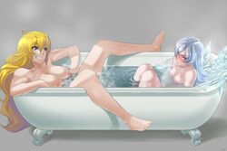 2girls barefoot bathtub blonde_hair blue_eyes blush embarrassed feet female ice long_hair multiple_girls purple_eyes rwby sinccubi smile spread_legs weiss_schnee white_hair yang_xiao_long yuri