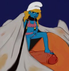 bed bedroom blonde_hair blue_skin collar dirty footjob innie_pussy leash lingerie minigirl minigirl_on_penis official_alternate_costume penis precum redlever sandaljob sandals showing_pussy smurf smurfette the_smurfs white_hat worried