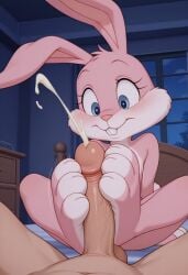 ai_generated babs_bunny bunny_girl cartoony cum footjob large_feet paws smiling tiny_toon_adventures uncensored