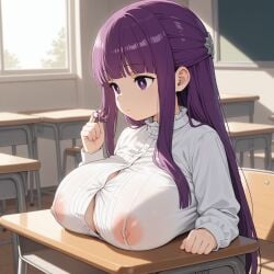 ai_generated areola_bulge breasts_rest button_gap desk doggyai fern_(sousou_no_frieren) huge_breasts nipple_bulge playing_with_hair shortstack