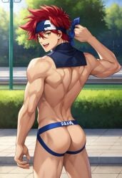 ai_generated amber_eyes ass back biceps blush gay headband jockstrap jockstrap_only looking_at_viewer looking_back male male_only muscular muscular_male nude_male red_hair reki_kyan sk8_the_infinity smile toned_body toned_male twall97