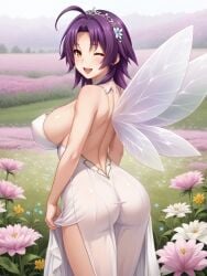 1girls ahoge ai_generated ass azuma_marina bare_shoulders big_ass big_breasts breasts cleavage fairy fairy_wings female field flower flower_in_hair hair_ornament huge_ass huge_breasts isogil kashidashi_tsuma_marina_no_"netorase"_houkoku_binkan_tsuma_to_zetsurin_daigakusei leotard looking_at_viewer nipples purple_hair sexy_pose shiny_skin short_dress short_hair thick_thighs thighs transparent_clothing wink winking winking_at_viewer