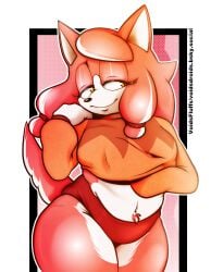 1girls anthro canid canine canis clothing conductor's_wife_(sonic) domestic_dog eyelashes female fur hi_res long_hair mammal mature_female navel orange_eyes pink_body pubes sega smile solo sonic_(series) sonic_the_hedgehog_(series) sweater the_murder_of_sonic_the_hedgehog thick_thighs topwear underwear voidsdroids white_body white_fur