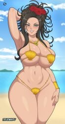 1girls arm_up armpit beach belly_button big_breasts black_hair blue_eyes breasts breasts cleavage color debora_briscoletti detailed_background dragon_quest dragon_quest_v female female_only gold_bikini gold_necklace hand_behind_head hand_on_hip hoop_earrings huge_breasts large_breasts light-skinned_female pink_lipstick pink_nails pinup roses shell_bikini sling_bikini thick_thighs truewaifu undersized_clothes