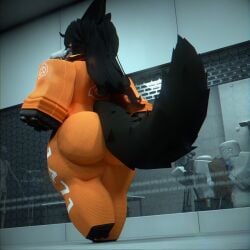 big_ass big_butt black_fur black_hair fluffy fur furry nearlyepoint orange_suit paws roblox scp-096 scp-1471-a scp_foundation standing suit white_eyes