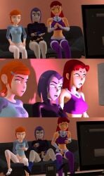 3d 3girls ben_10 black_leotard crossover dc_comics female_masturbation female_only fully_clothed gwen_tennyson hypnosis latinkaixa leotard masturbation masturbation_through_clothing mind_control raven_(dc) starfire starfire_(teen_titans) teen_titans