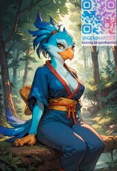 ai_generated bird bird_girl claws dota_2 feathers female forest genderswap_(mtf) genhartist kez_(dota) looking_at_viewer qr_code r63 sitting yukata