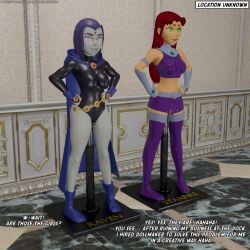 2girls 3d black_leotard dc_comics dollification english_text hypnosis latinkaixa leotard midriff mind_control raven_(dc) starfire teen_titans web_address