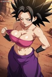 absurdres ai_generated black_eyes black_hair breasts caulifla clothes_lift crispiiart dragon_ball dragon_ball_super female hand_on_own_hip highres lifting_own_clothes looking_at_viewer medium_breasts medium_hair mountains navel outdoors rock rocks shirt_lift solo spiked_hair strapless sweat toned tube_top uncensored