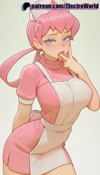 1girls 2025 ai_generated artist_name blue_eyes blush breasts bust chest dark_skin electroworld female gradient gradient_background hi_res high_quality high_resolution highres long_hair nurse_joy patreon patreon_username pink_hair pokemon solo stable_diffusion tongue watermark