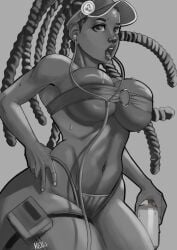 1girls big_breasts breasts capcom cleavage dark-skinned_female dark_skin earbuds female female_only grayscale hat kimberly_jackson large_breasts monochrome open_mouth redpaldraws solo solo_female street_fighter street_fighter_6 sweat underboob