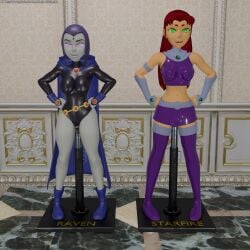 2girls 3d black_leotard dc_comics dollification hypnosis latinkaixa leotard midriff mind_control purple_hair raven_(dc) red_hair starfire teen_titans web_address