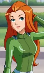 ai_generated ass bigmic145 bodysuit breasts female medium_breasts orange_hair sam_(totally_spies) solo_female totally_spies