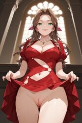 1girls aerith_gainsborough ai_generated brown_hair_female cunningstuntda dress_lift female_only final_fantasy final_fantasy_vii final_fantasy_vii_remake green_eyes_female hair_ribbon hairless_pussy jewelry looking_at_viewer navel necklace no_panties pussy red_dress smiling_at_viewer solo_female