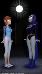 2girls 3d ben_10 black_leotard dc_comics gwen_tennyson hypnosis leotard orange_hair purple_hair raven_(dc) teen_titans web_address