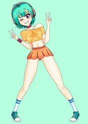 aim-e_sparks_(booty_calls) booty_calls green_hair panties peace_sign small_breasts tall_female wink