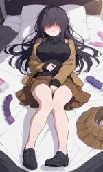 100_kanojo 1girls ai_generated bangs_over_eyes black_hair black_sweater blush blushing_at_viewer brown_jacket brown_skirt caught covering_crotch dildo embarrassed frilled_skirt full_face_blush fully_clothed implied_masturbation kakure_meme kimi_no_koto_ga_dai_dai_dai_dai_daisuki_na_100-nin_no_kanojo long_hair mole mole_under_mouth shoes the_100_girlfriends_who_really_really_really_really_really_love_you thefakeyume