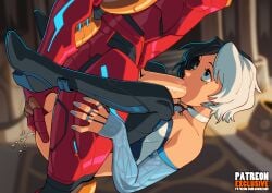 2d 2d_(artwork) armor black_and_white_hair black_hair blue_clothing boots choker female fingering fully_clothed_female fully_clothed_male heels heterochromia iron_man iron_man_(marvel_rivals) iron_man_(series) legwear light_skin luna_snow luna_snow_(marvel_rivals) male male/female marvel marvel_comics marvel_rivals mole mole_under_eye multicolored_hair painted_nails penetration penis short_shorts shorts squirting sucking sucking_penis suoiresnu thigh_boots thighhighs white_hair white_skin