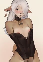 ann_the_sheep anthro bell bell_collar black_armwear black_dress caprine clothed ear_tag ewe exposed_breasts female female_only furry furry_only sheep tag white_hair white_wool wool wool_(fur)