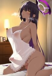 ahoge ai_generated arched_back backlighting bedroom blue_archive breasts dark-skinned_female dark_skin erection erection_under_clothes futa_only futanari gerumusi halo karin_(blue_archive) lace lace-trimmed_dress lamp large_breasts long_hair looking_at_viewer nightgown nipples on_bed penis precum purple_hair see-through see-through_clothing sideways_glance steaming_body steaming_breath testicles uncensored wariza white_dress yellow_eyes