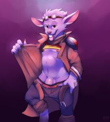 anthro belt clothed clothing color eyewear furfit furry furry_only goggles league_of_legends male male_only mammal navel nipples penis penis_base pink_nipples pubes purple_background red_eyes riot_games rodent solo tongue tongue_out twitch_(lol) underwear video_games whistler_village_twitch