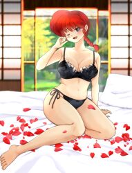 armpits ass_visible_through_thighs bare_arms bare_belly bare_legs bare_shoulders bare_thighs barefoot bed belly_button big_breasts black_bra black_panties black_underwear blue_eyes blush bow_panties bra braid breasts cleavage collarbone feet half-closed_eyes indoors one_eye_closed panties parted_lips ranma-chan ranma_1/2 red_hair shouji side-tie_panties thighs toes underwear underwear_only yokozuwari yuzukawa_rio