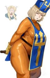 blonde blonde_female blonde_hair blonde_hair_female chubby chubby_female closed_eyes clothed dragon_quest dragon_quest_iii dungeon_meshi elf elf_ears falin_touden female_only marcille_donato multiple_females multiple_girls priest_(dq3) priest_(dq3)_(cosplay) puzzled_artist short_hair simple_background staff white_background