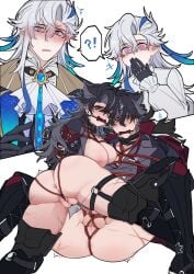 2boys 2girls ass_focus asshole big_ass big_breasts blush bondage breasts cock drooling female gag gagged_drooling gagging genderswap_(ftm) genderswap_(mtf) genshin_impact male neuvillette_(genshin_impact) nipples pussy pussy_juice pussy_juice_drip rope_bondage scars spread_legs tangled_legs tied_up wriothesley_(genshin_impact)